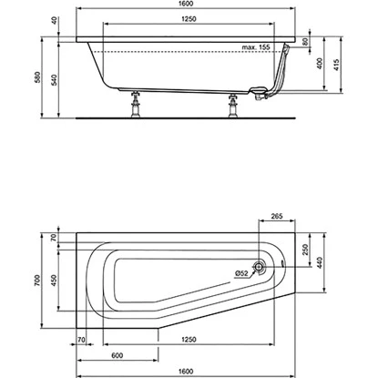 Ideal Standard Raumspar-Badewanne Hotline 1600 Mm X 700 Mm Asymetr. Links Weiß – Bild 2